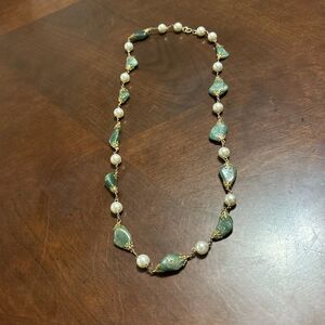 Vintage  Faux Pearl Green Stone Gold Filigree Bead Necklace 37" Glam Elegant